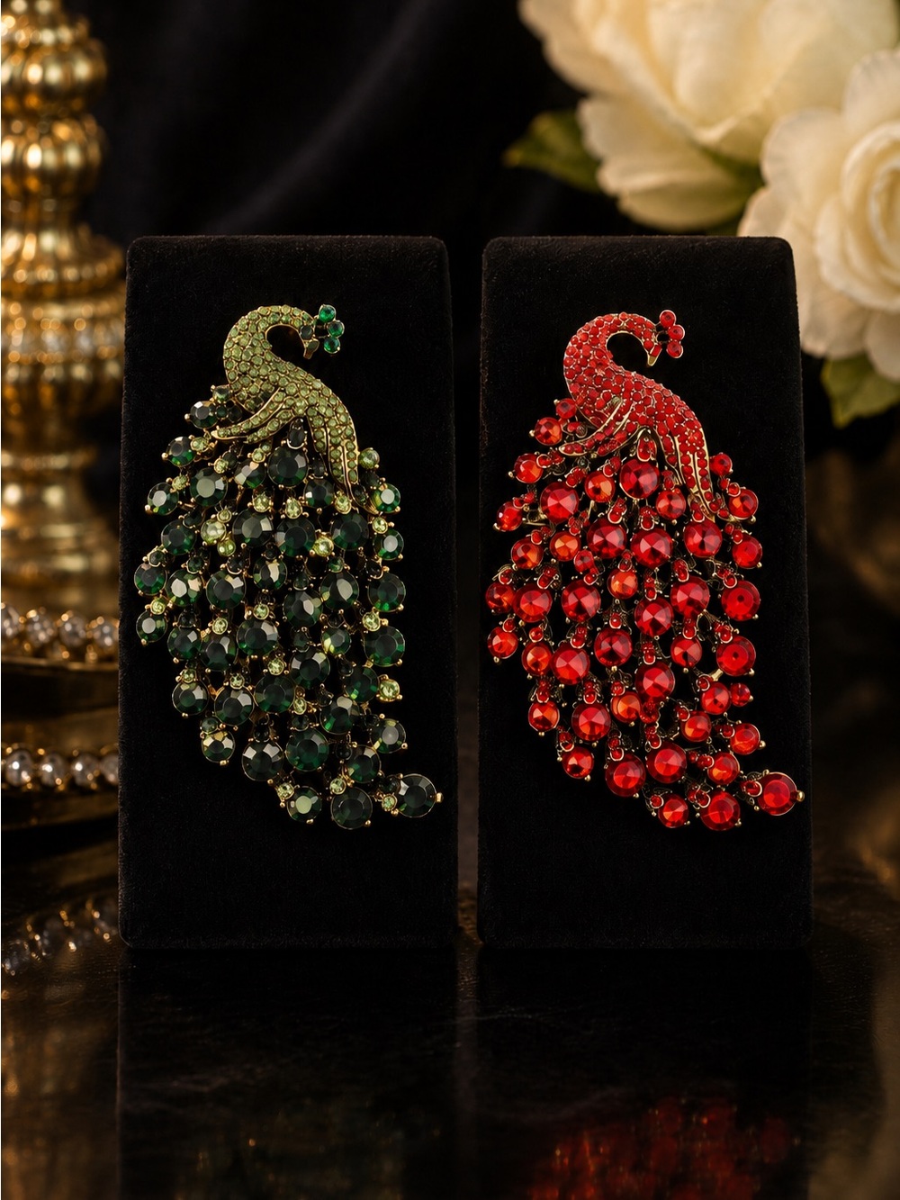 Eleanor Shumark Peacock Brooch Ruby or Emerald Crystal Statement Pin NWT